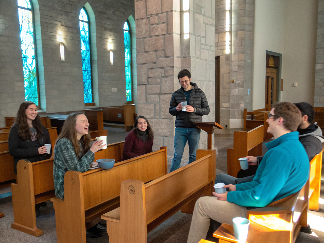 Riverlight congregation gathering warmly together in the sanctuary lobby