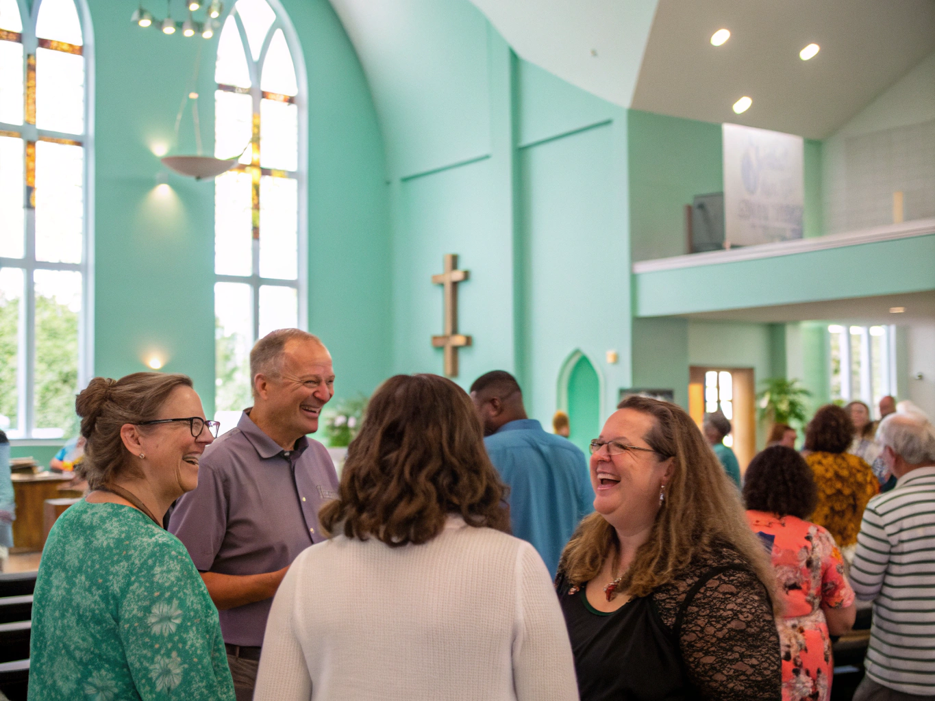 Warm and welcoming church lobby greeting moment