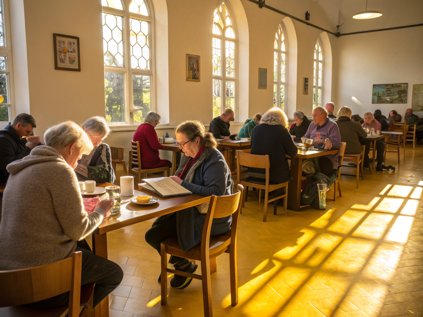 People sharing coffee and talking in a warm sunlit church lobby