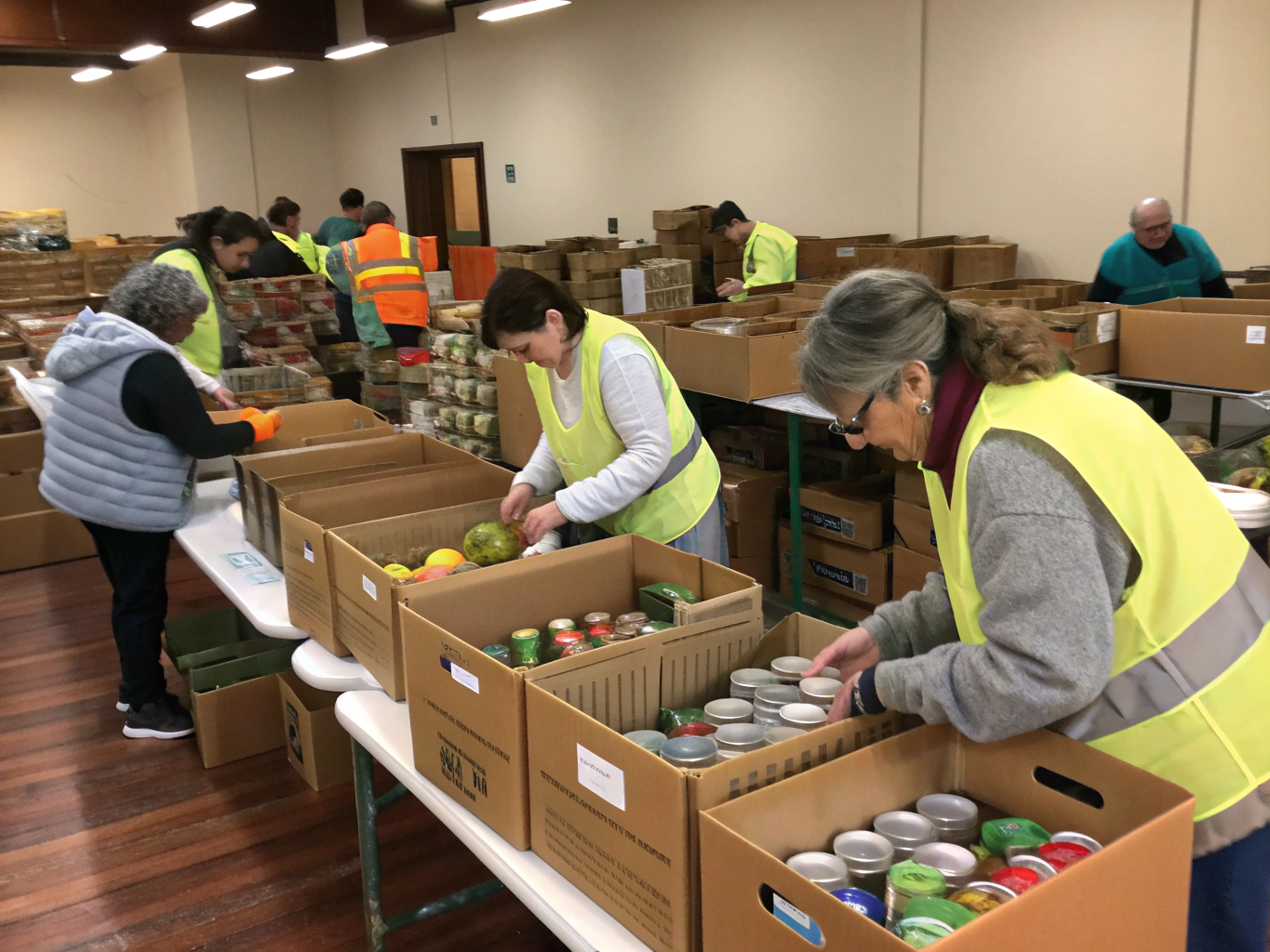 Volunteers happily sorting food boxes and packing groceries together