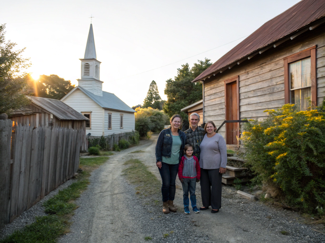 Families and neighbors gathered outdoors around breakfast tables sharing coffee