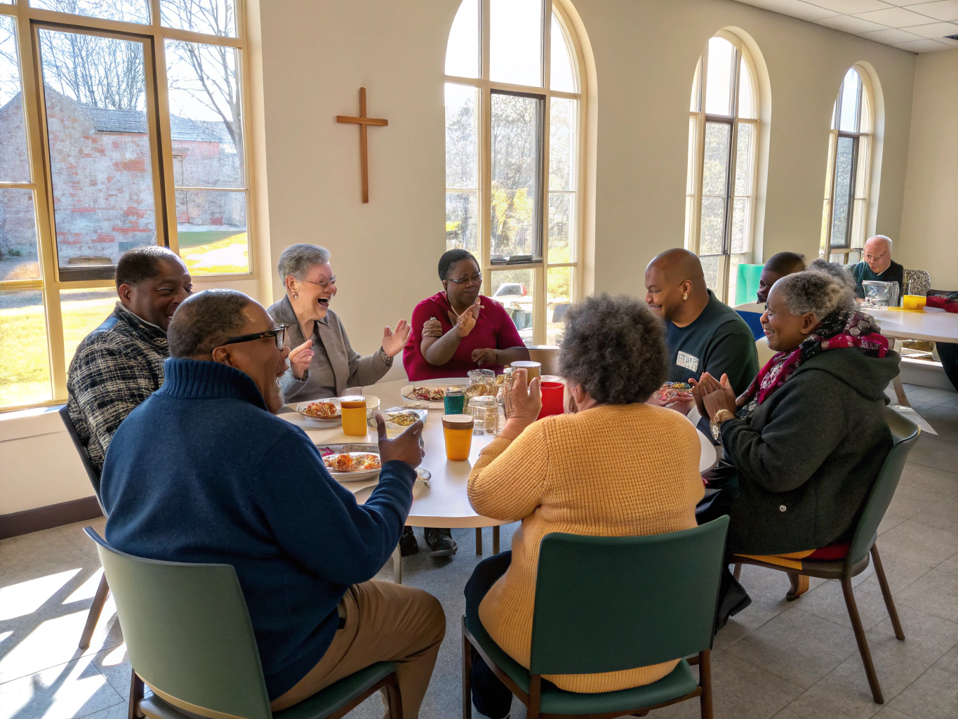 Pastors and new guests chatting comfortably around a dining table with lunch platters