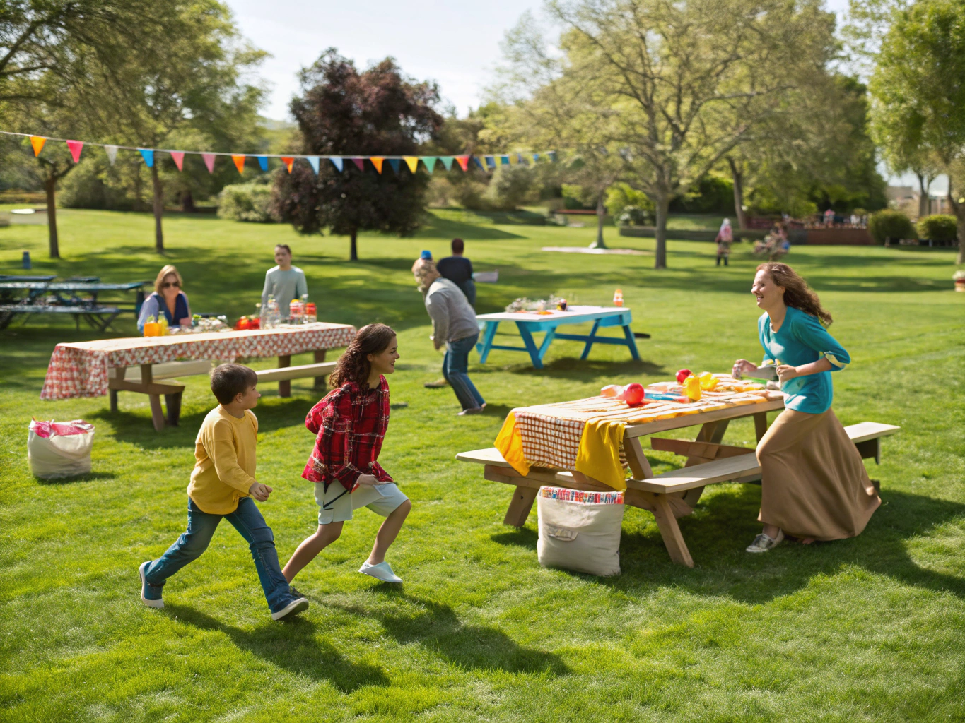 Families enjoying an outdoor cookout and games on a sunny lawn
