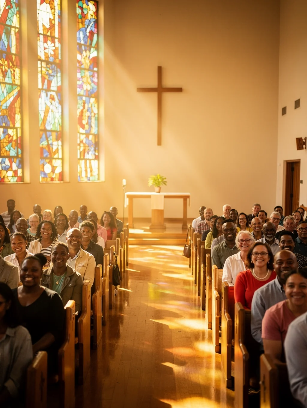 Warm community members and families gathered during a Sunday worship service