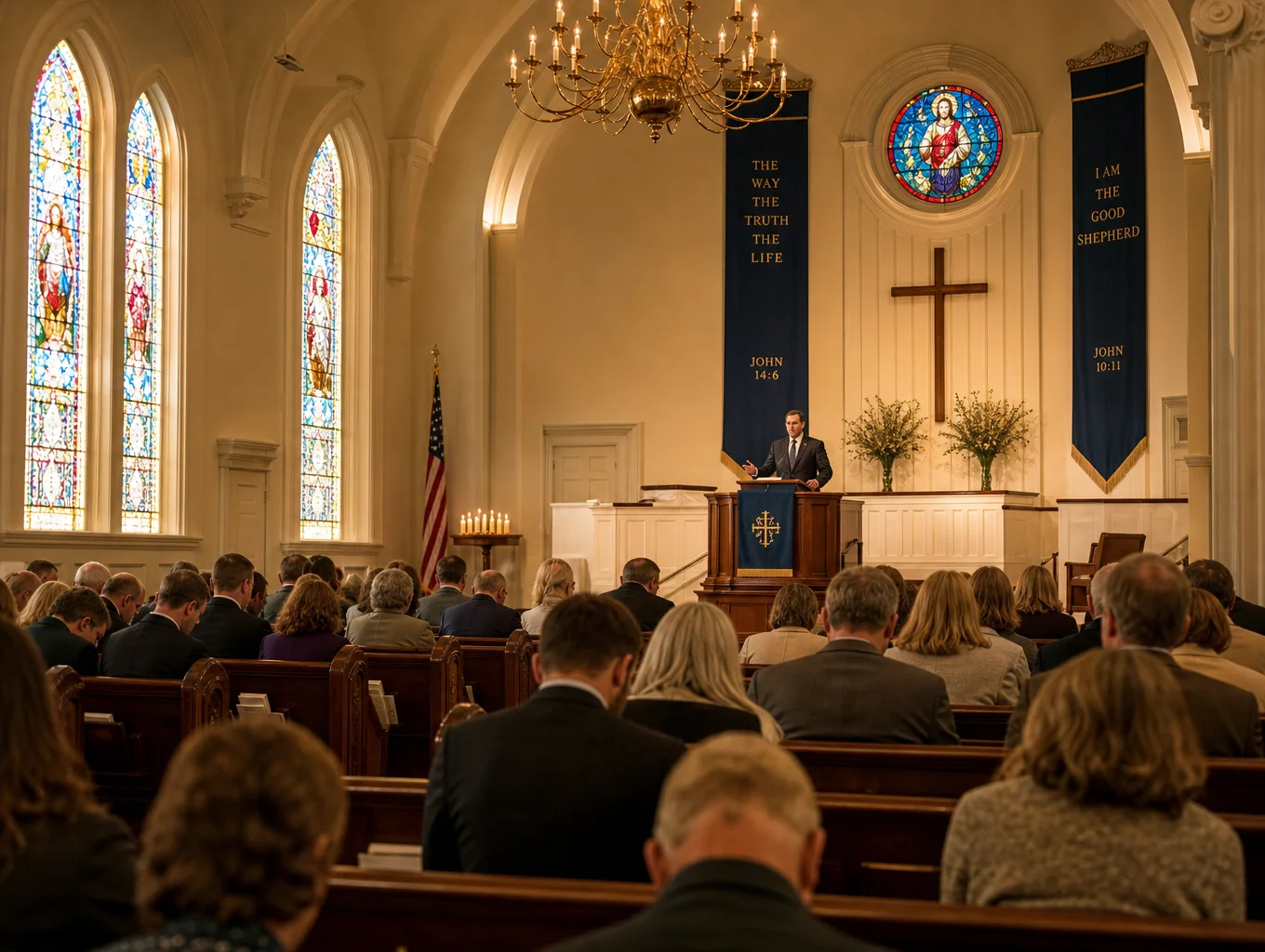 Sample pastor speaking warmly from the podium in a bright sanctuary