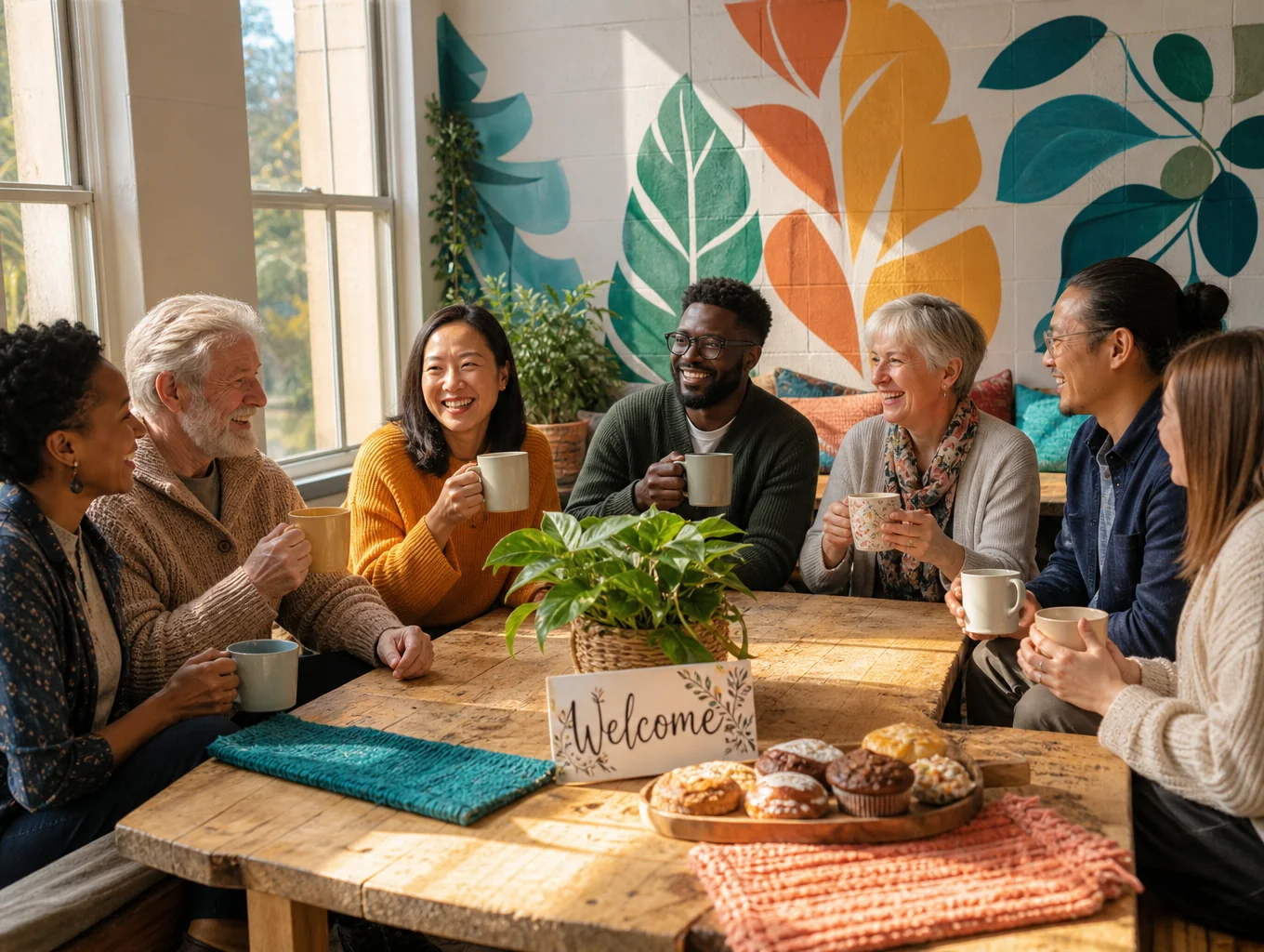 Adults sharing coffee and conversation around a wooden table