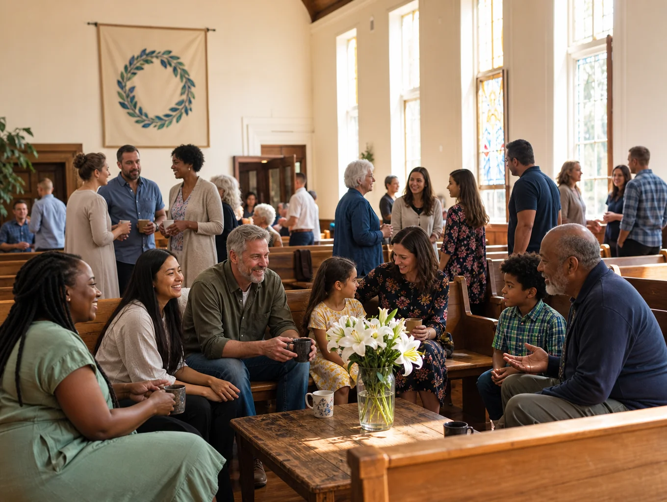 Adult church members talking with coffee mugs in hand