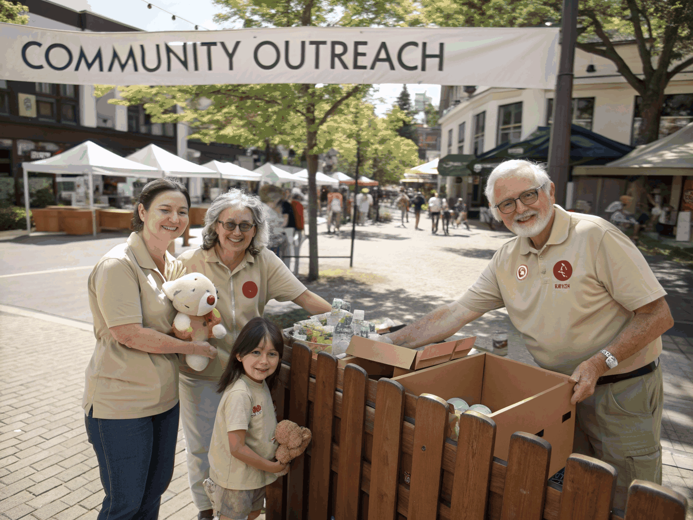 Volunteers packing care boxes and community supplies with smiles