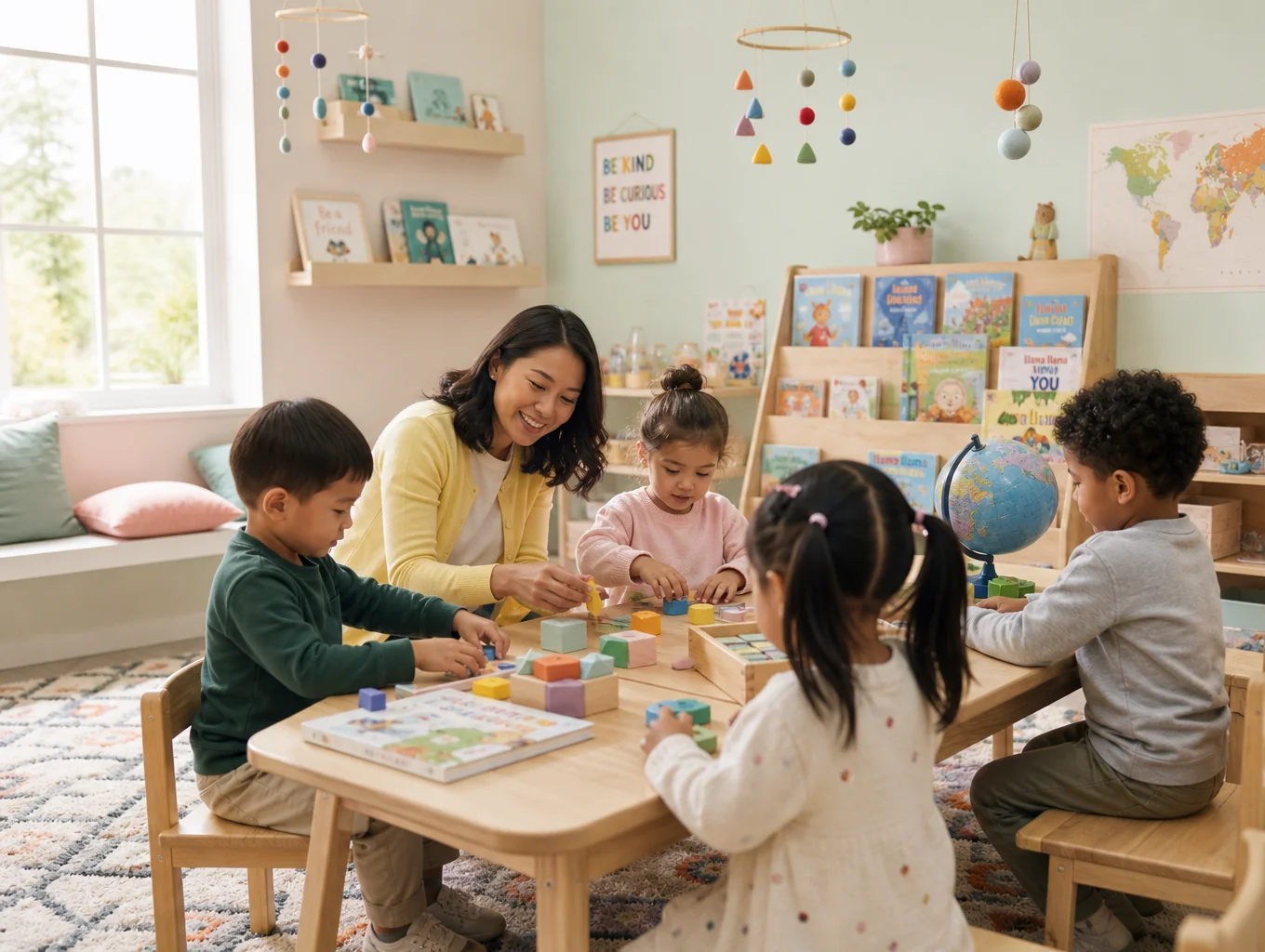 Children and teachers smiling during a group learning activity