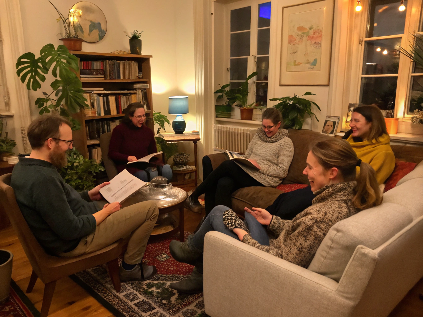Church small group members gathered comfortably in a warm living room
