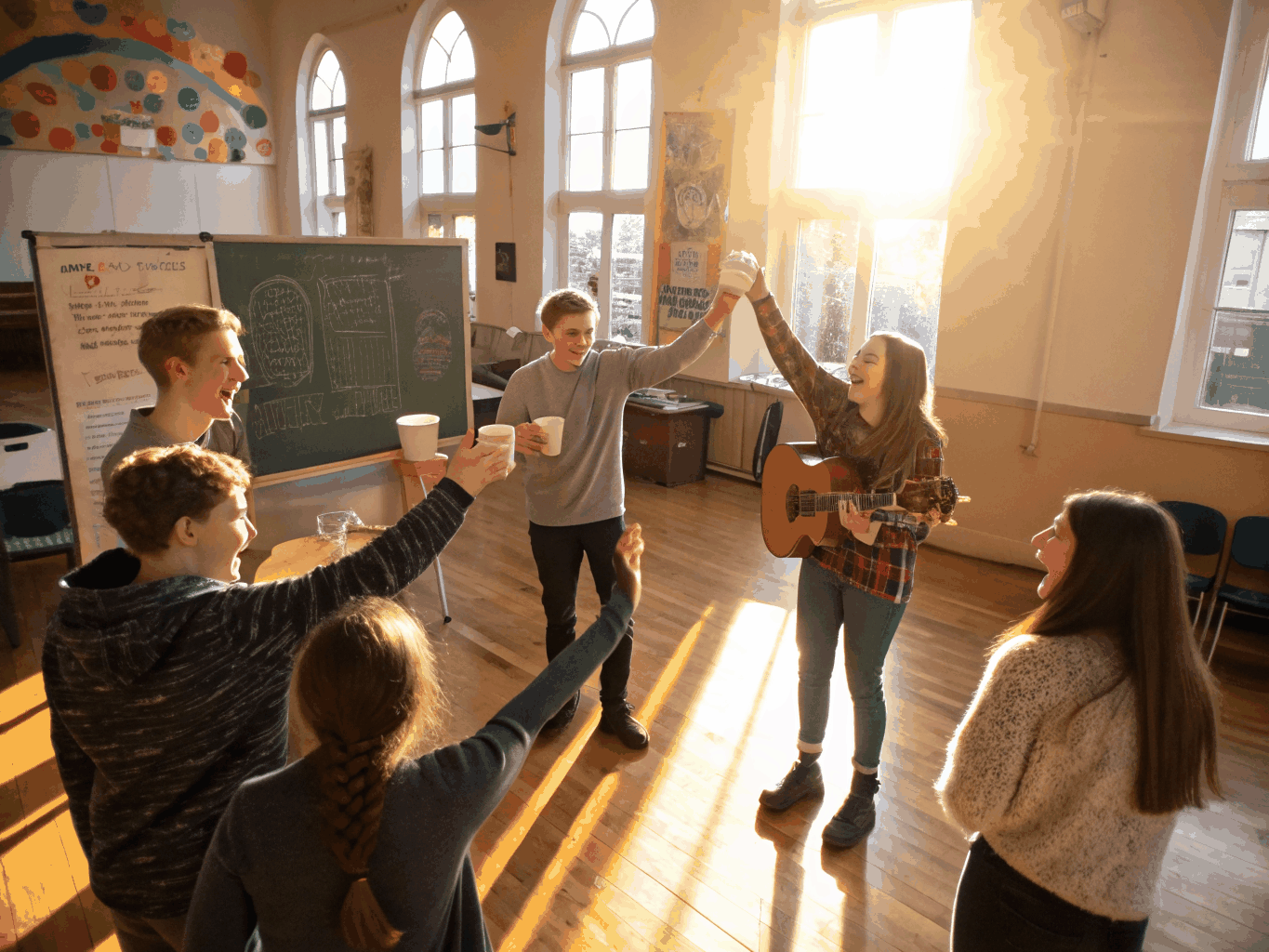 Youth group students chatting and laughing in a circle