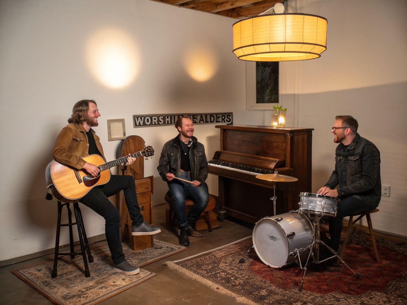 Acoustic worship team on a sunlit morning stage