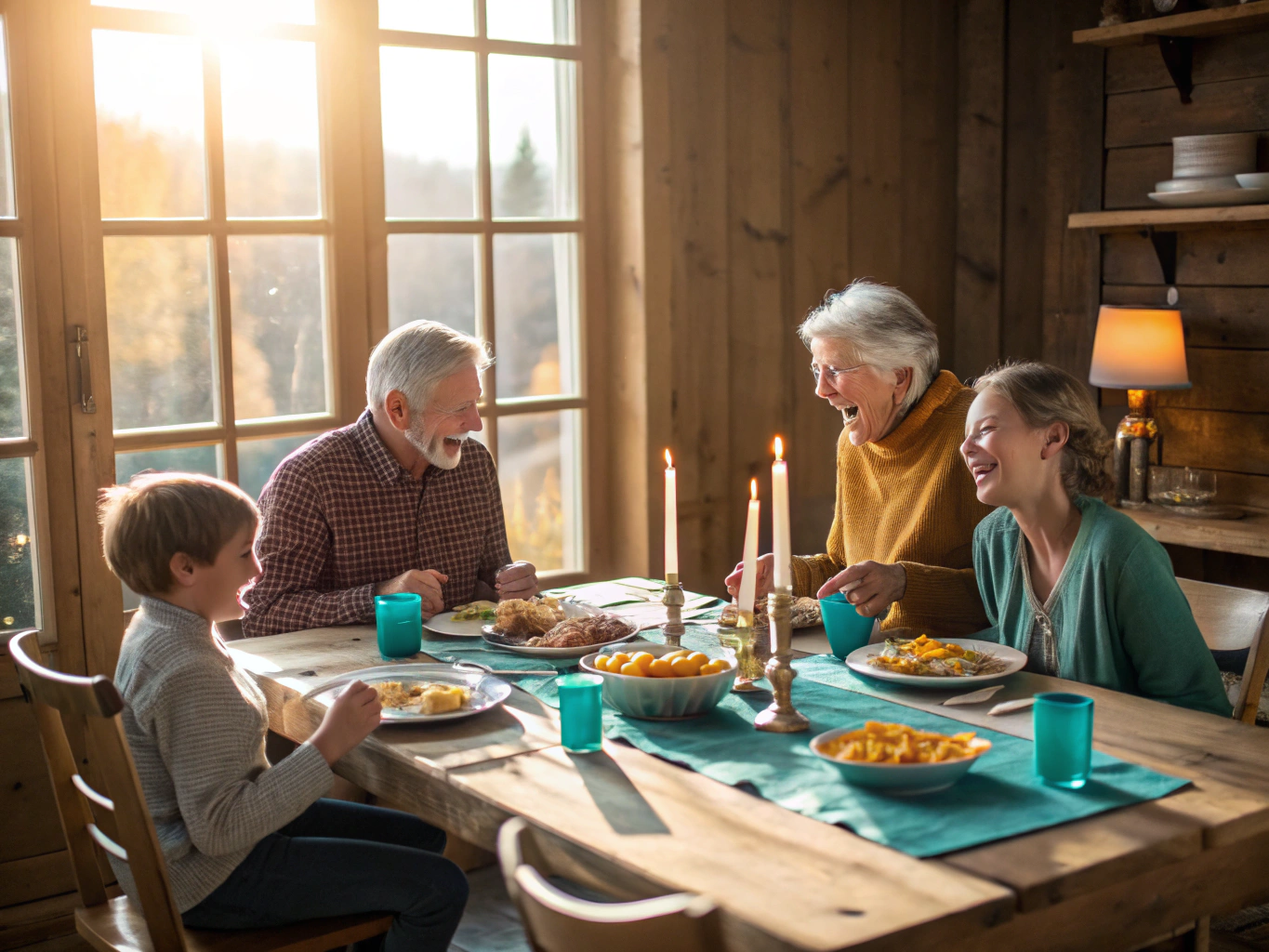Shared family dinner table with warm conversation